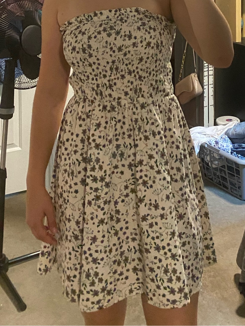 Strapless Smocked Floral Summer Dress - White with Green Floral